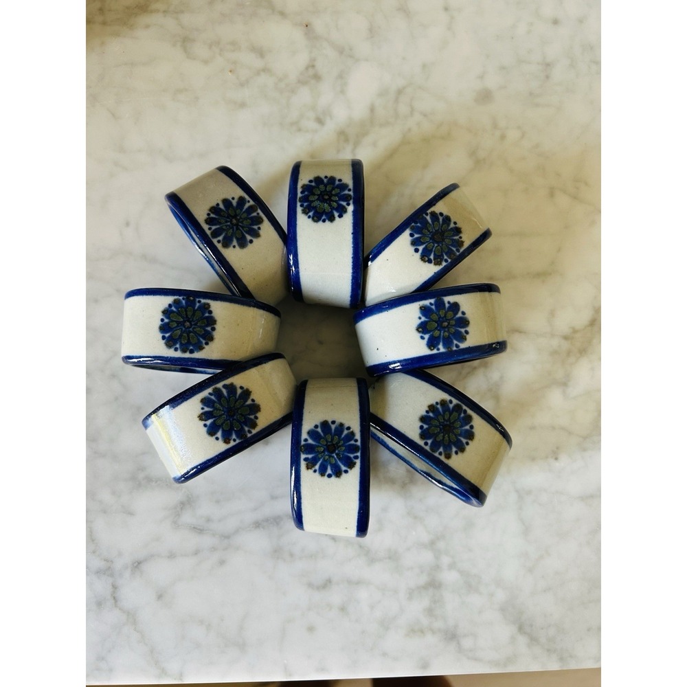 Tonala El Palomar Mexican Pottery Napkin Rings Set Of 8 Plus 1 Cracked